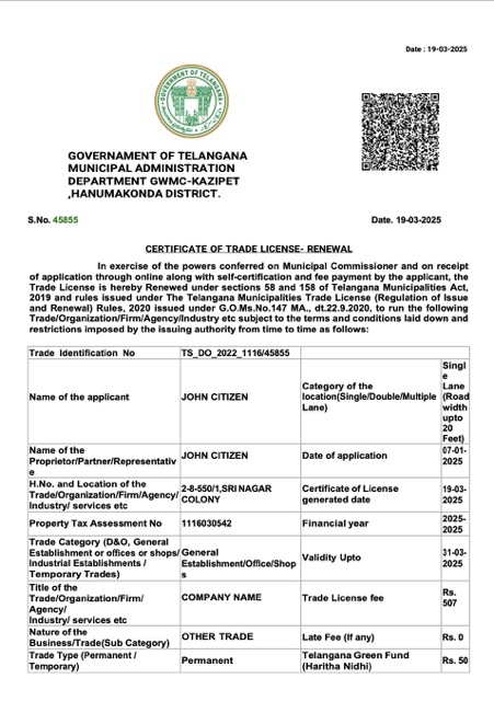 India Telangana certificate of trade license Word and PDF template